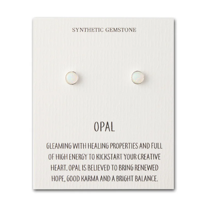 geometric earrings for women -Synthetic White Opal Stud Earrings with Quote Card