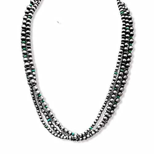 modern gemstone necklaces for women -20 inch, 3 Strand, Genuine Navajo Pearl Necklace with Green Turquoise, Sterling Silver, Authentic Navajo Native American USA Handmade in New Mexico