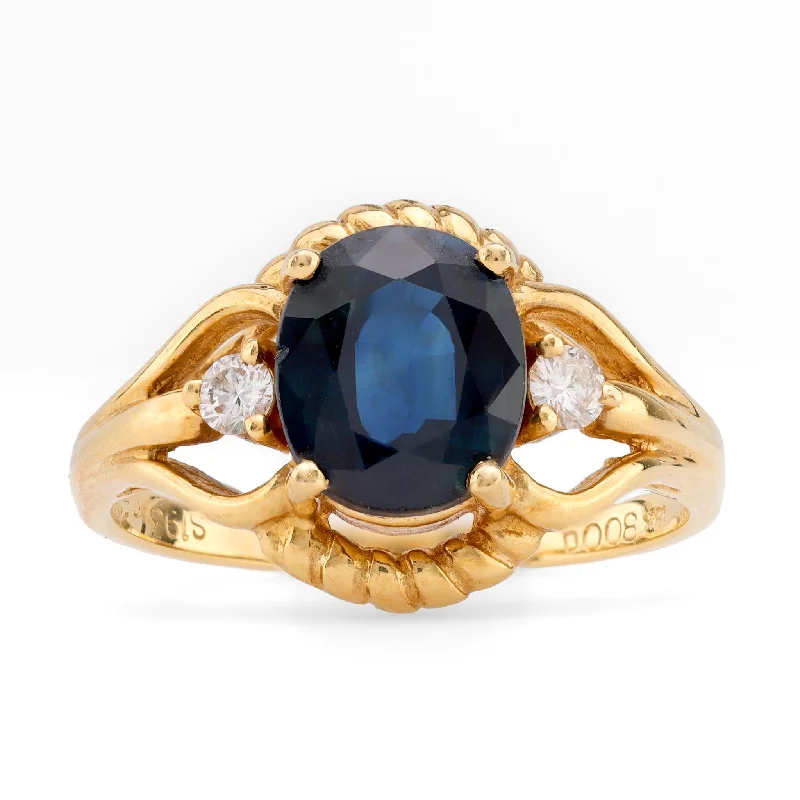 anniversary rings for women -Vintage 1.93 Carat Oval Cut Sapphire Diamond 18K Yellow Gold Braided Ring