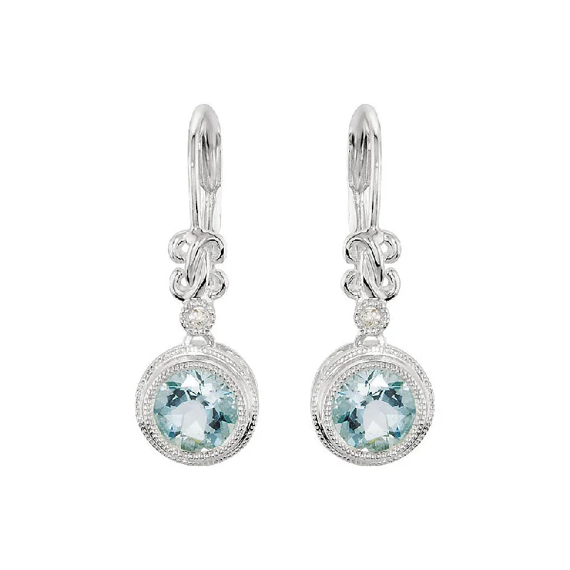 silver dangle earrings for women -Round Aquamarine and Diamond Lever Back Earrings in 14k White Gold