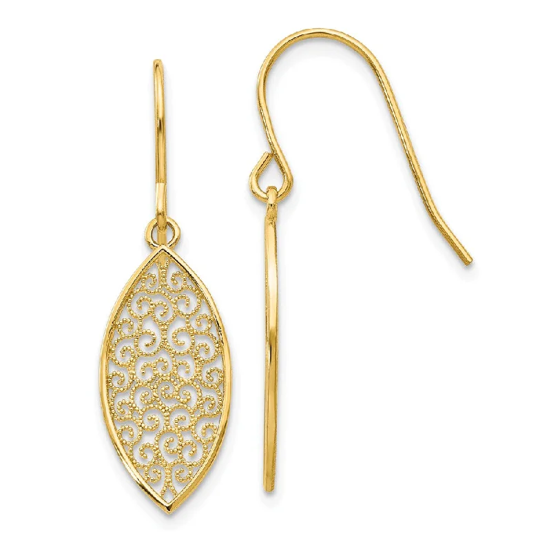 gemstone hoop earrings for women -Marquise Filigree Dangle Earrings in 14k Yellow Gold