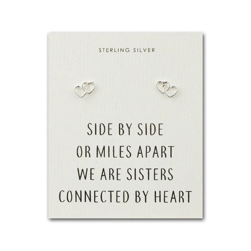 stud earrings for women -Sterling Silver Sister Heart Link Earrings with Quote Card