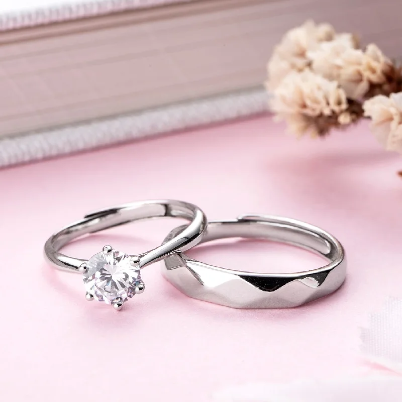 custom rings for women -Solitaire Majestic 925 Sterling Silver Lover's Couple Rings (Adjustable)