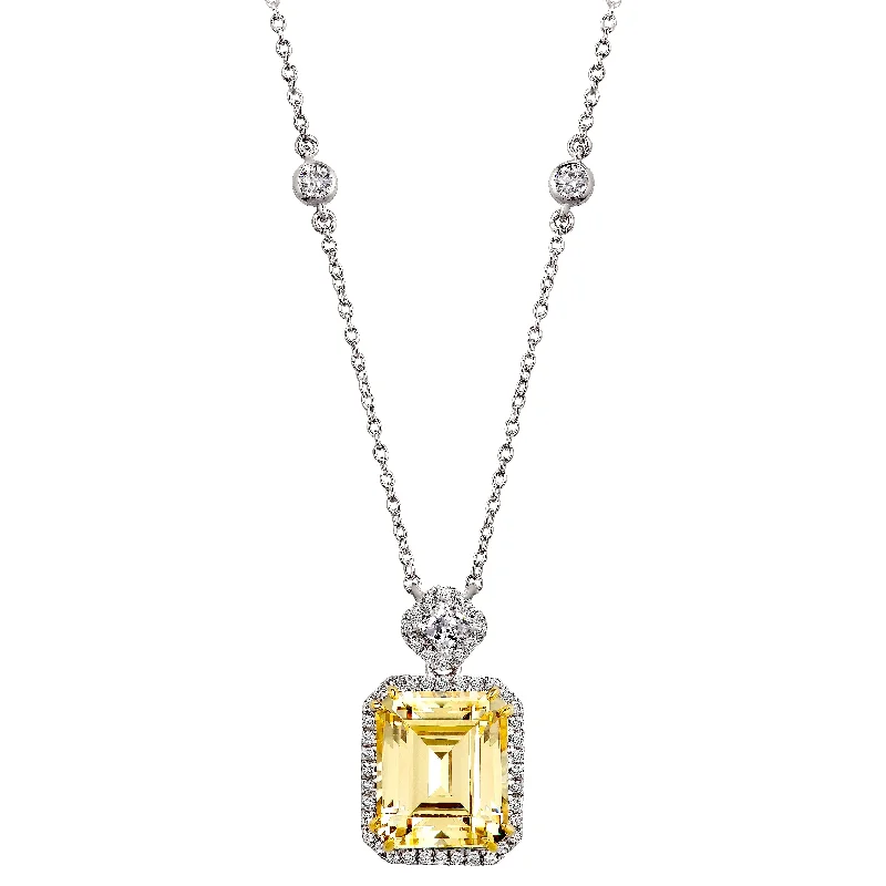 charm necklaces for women -Silver Fancy Light Yellow Emerald Cut Station Necklace with 18 KGP Prongs