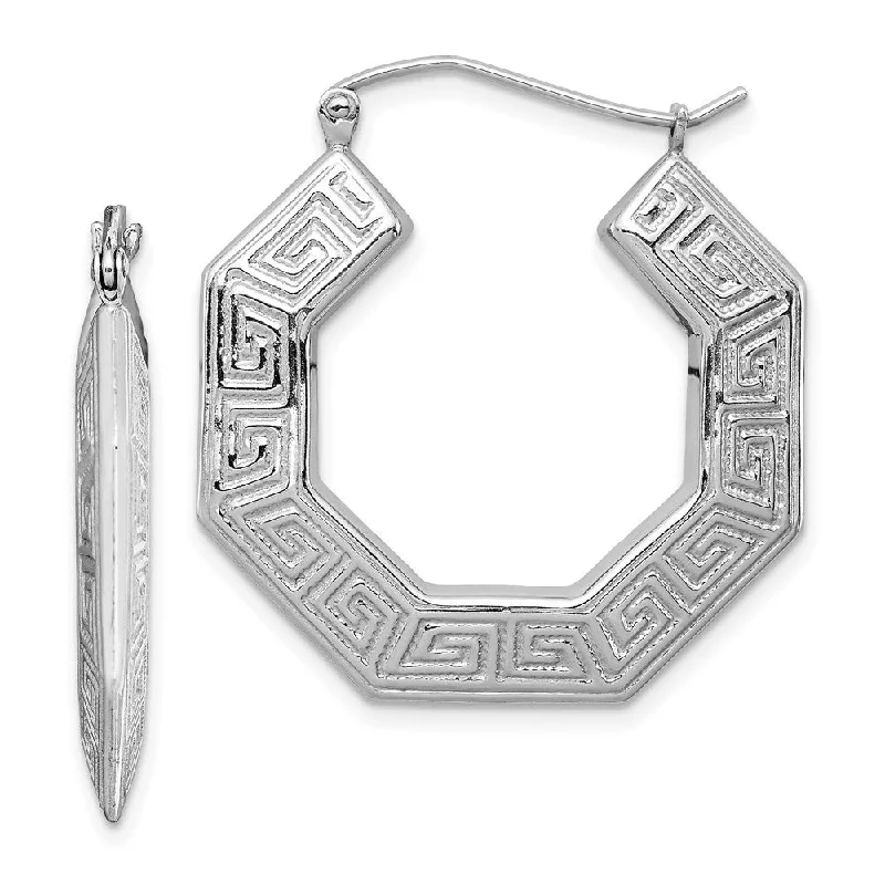 clip-on earrings for women -Greek Key Hoop Earrings in Sterling Silver - 29mm (1 1/8 Inch)