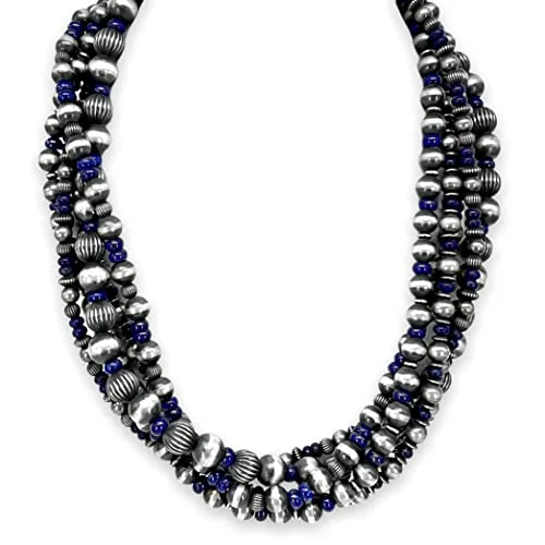 classic gold necklaces for women -20 inch, Genuine Navajo Pearl Necklace with Lapis Lazuli, Sterling Silver, Authentic Navajo Native American USA Handmade in New Mexico, 5 Strands, Dark Navy Blue Stone