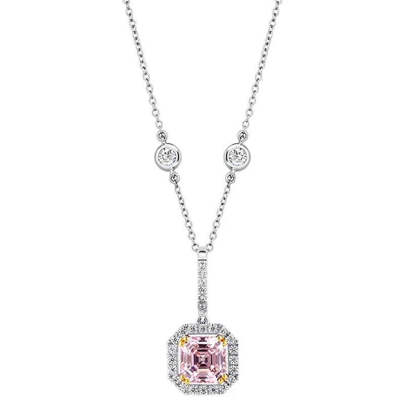 gold necklace sets for women -Sterling  Fancy Light Pink Asscher Cut Pendant on 18" Regal Short Floating Chain (Pendant & Chain Sold Together. Pendant is Removable from Chain).