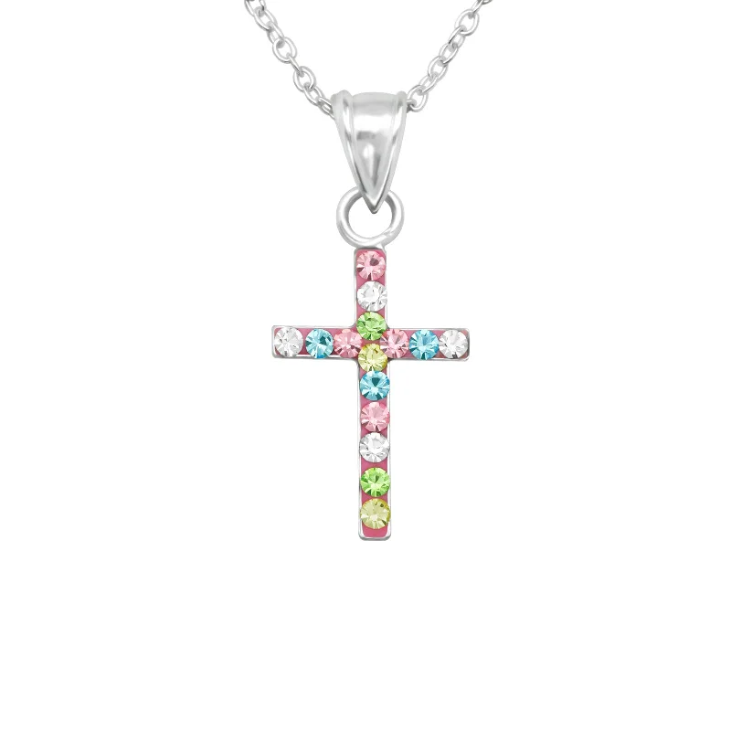 sapphire necklaces for women -Children’s Sterling Silver Pink Cross with Coloured CZ Detail necklace.