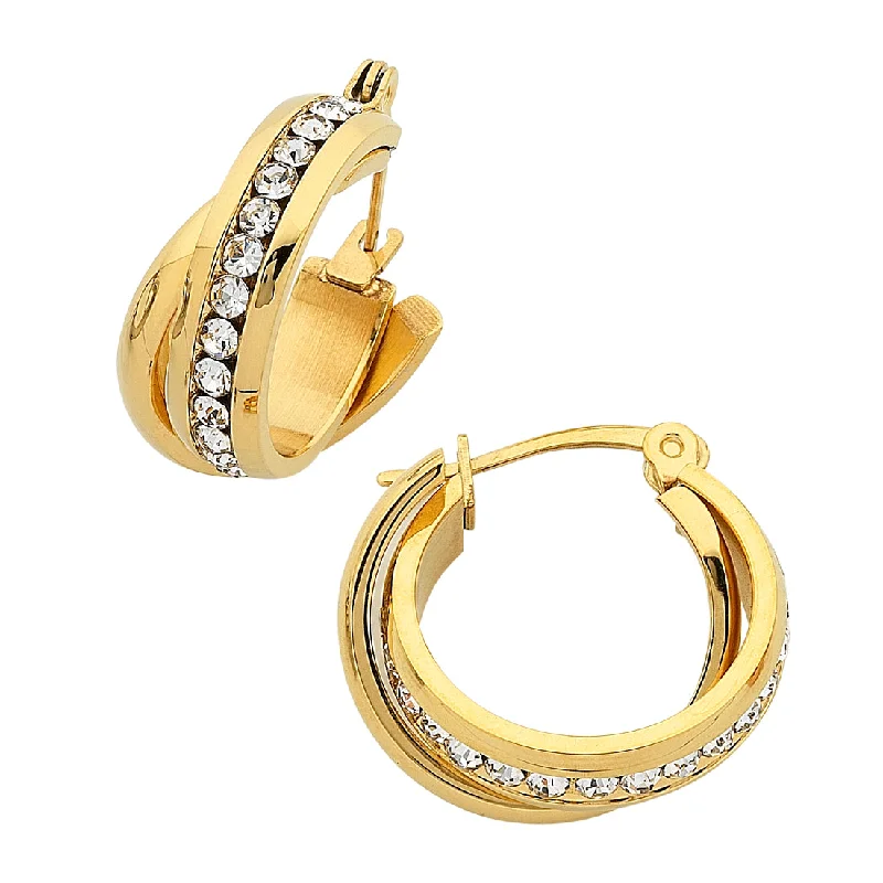 simple hoop earrings for women -Stainless Steel Gold Colour Crystal Crossover Hoop Earrings