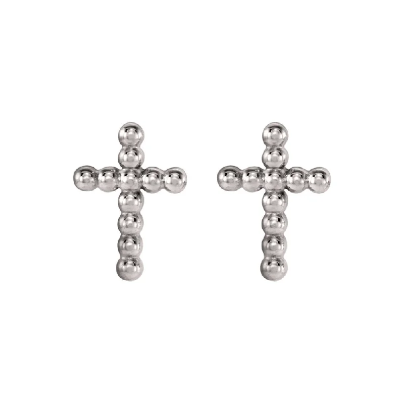 drop earrings for women -9mm Beaded Cross Post Earrings in 14k White Gold