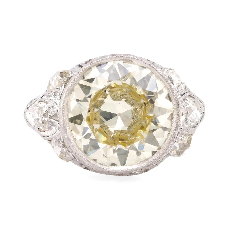 trendy rings for women -Art Deco GIA 5.85 Carat Circular Brilliant Cut Diamond Platinum Filigree Ring