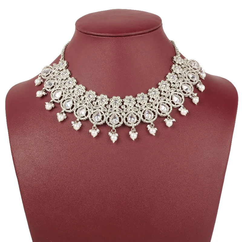 crystal necklaces for women -Suman Necklace Set in Rhodium