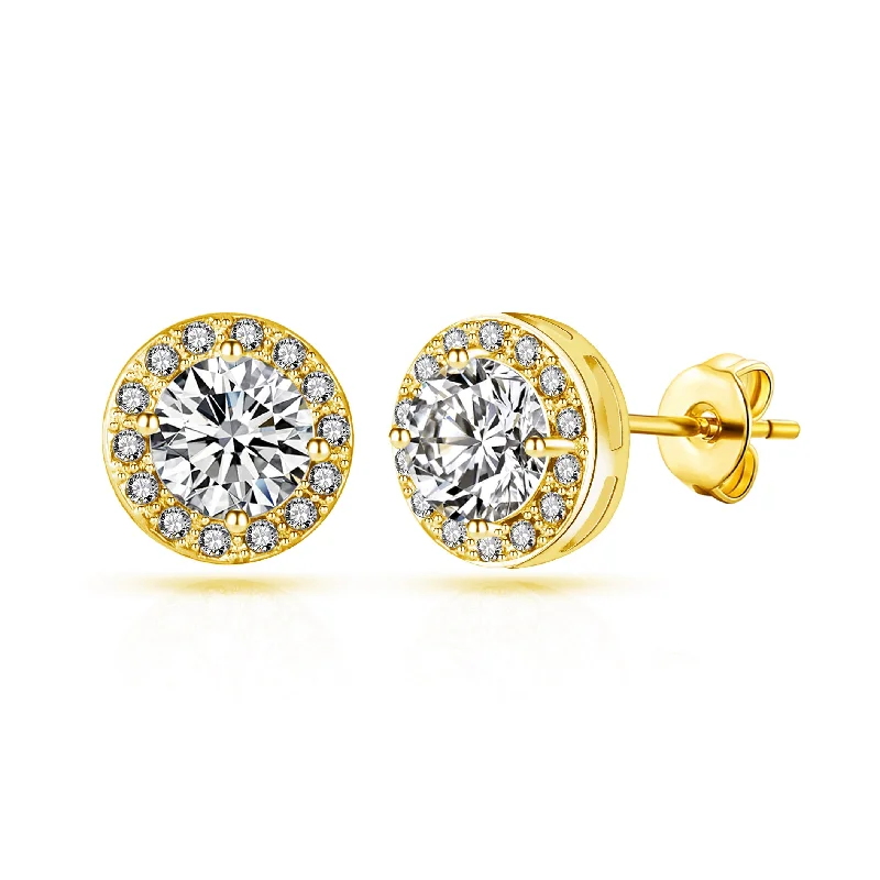 silver dangle earrings for women -Gold Plated Halo Earrings Created with Zircondia® Crystals