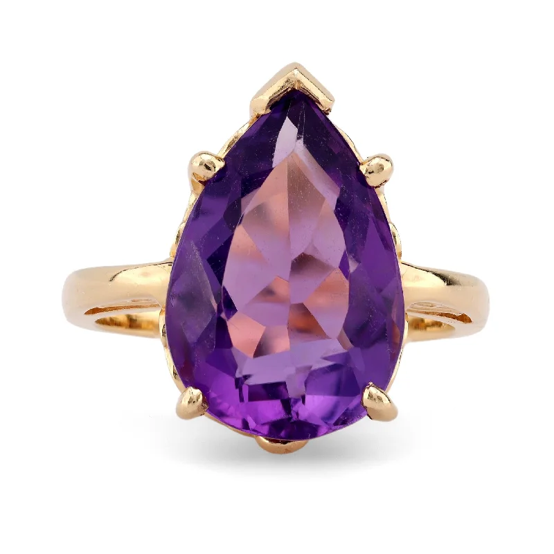 gemstone wedding rings -Retro 5.8 Carat Pear Shape Amethyst 14K Yellow Gold Solitaire Ring