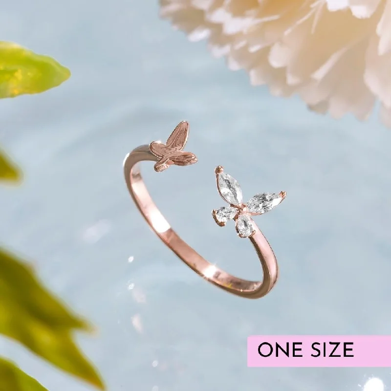 fashion gemstone rings -Butterfly 925 Silver Ring in Rose Gold (Adjustable)