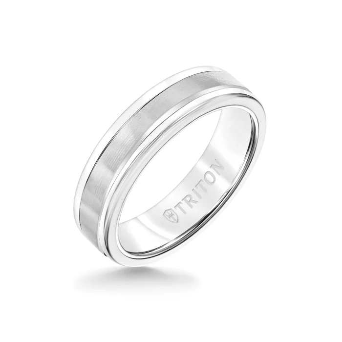 big statement rings -6MM White Tungsten Carbide Ring - Linear 14K White Gold Insert with Round Edge