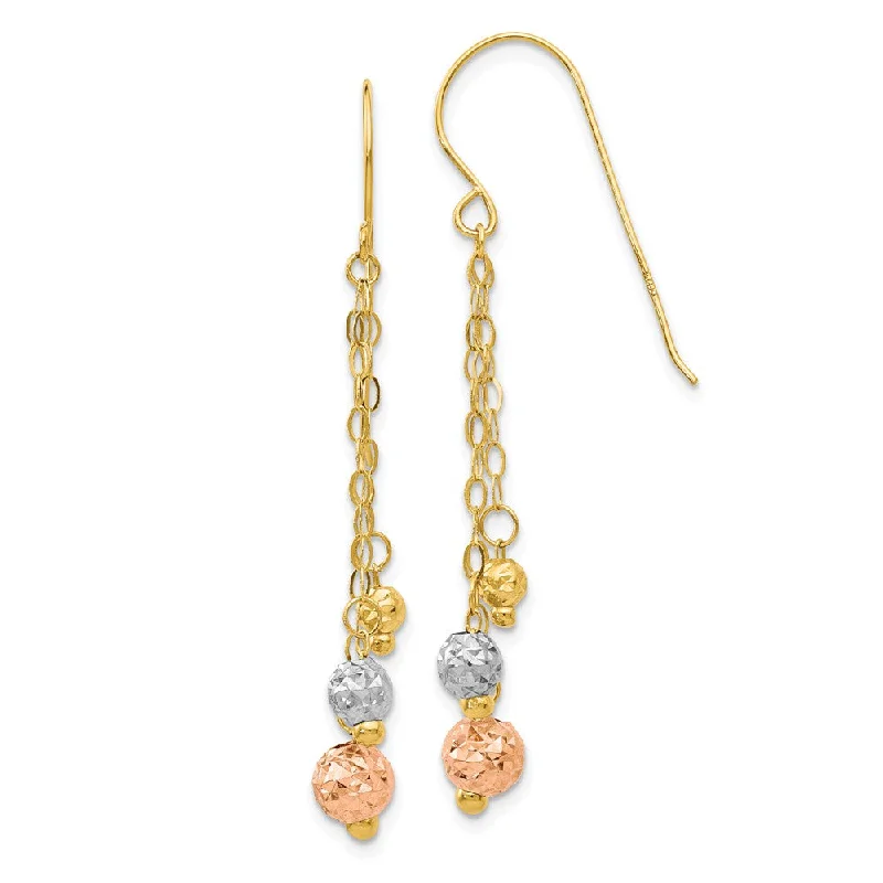 gold drop earrings for women -14k Tri-color Gold 3-Strand Bead and Chain Dangle Earrings