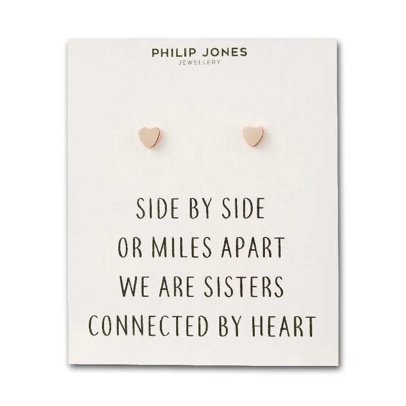 big statement earrings for women -Rose Gold Plated Sister Heart Stud Earrings with Quote Card