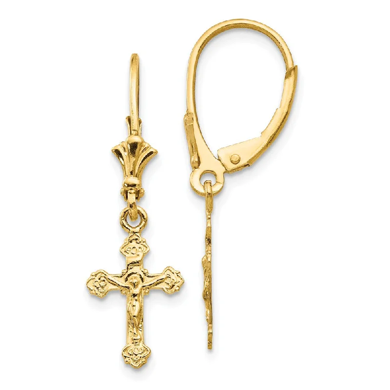 boho earrings for women -Polished Crucifix Lever Back Earrings in 14k Yellow Gold