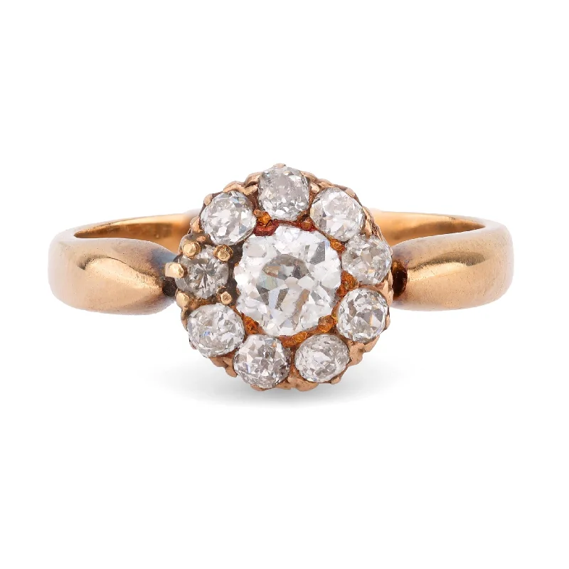 statement rings for women -Antique Old Mine Cut Diamond 14K Yellow Gold Cluster Ring