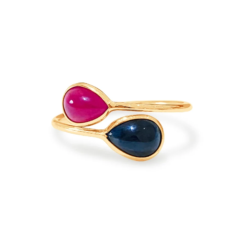 adjustable rings for women -Blue Sapphire Tabiz Shape & Pink Tourmaline Rd. Ring In 18K Yellow Gold