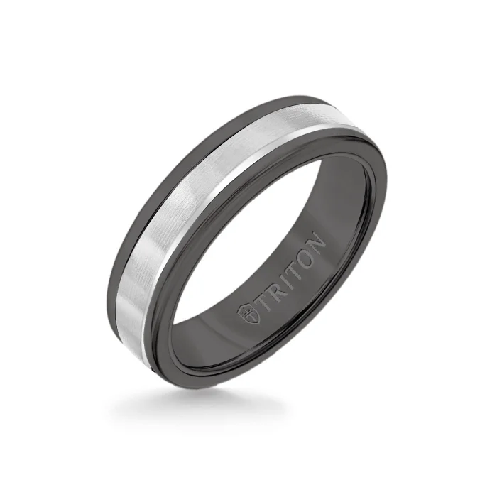 wedding ring bands -6MM Black Tungsten Carbide Ring - Linear 14K White Gold Insert with Round Edge