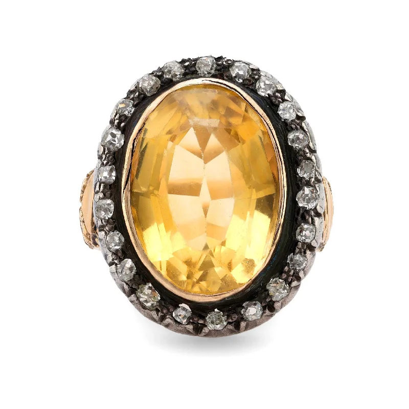 custom gold rings -Georgian 8.40 carat citrine diamond 18k yellow gold silver cluster ring