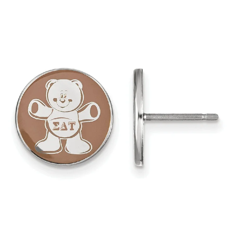 stylish pearl earrings for women -Sterling Silver Sigma Delta Tau Brown Enamel Bear Post Earrings