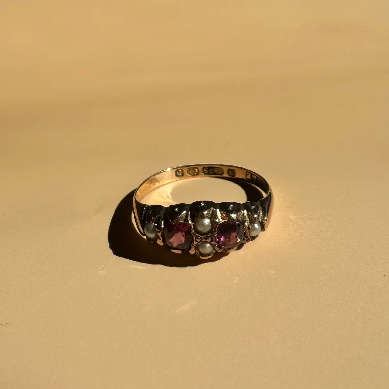 silver engagement rings -Rhodolite Garnet and Pearl Ring - Circa 1888