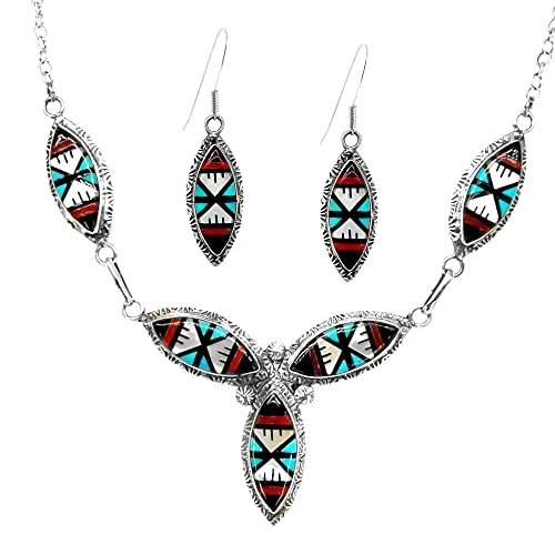 luxury necklaces for women -Genuine Stone Multicolor Necklace Set, Sterling Silver, Pendant with Chain, Zuni Native American Handmade, Artist Signed