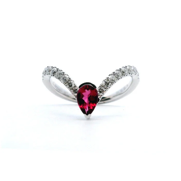 modern promise rings -Charles Krypell Precious Pastel Rubellite Tourmaline and Diamond “V” Ring in 18K White Gold