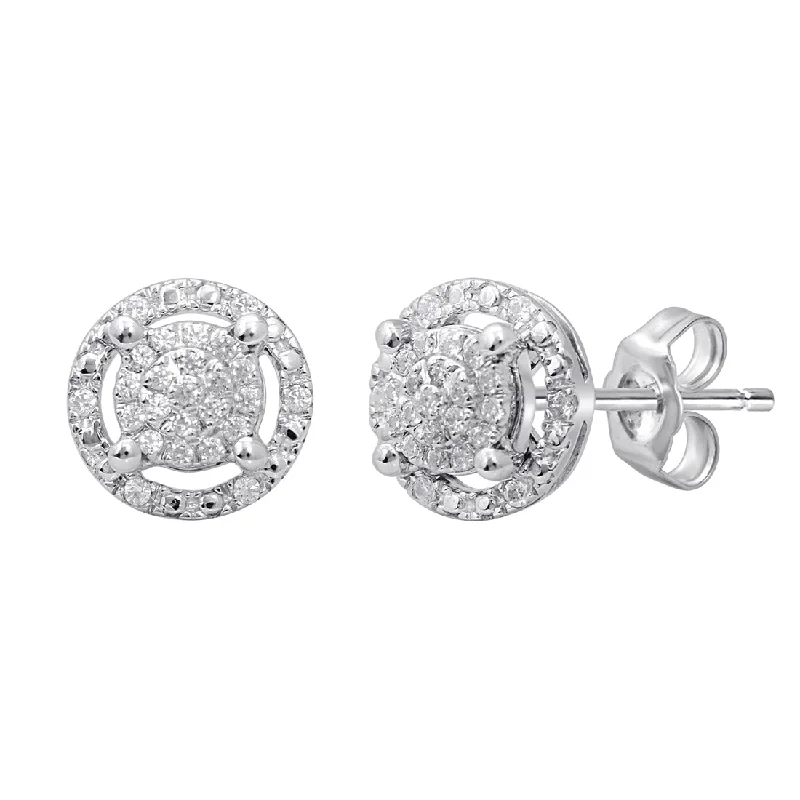 trendy statement earrings for women -Sterling Silver Diamond Set Halo Stud Earrings