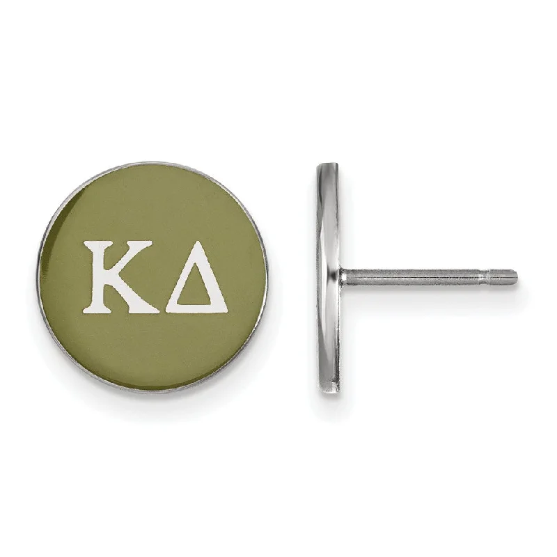 fun earrings for women -Sterling Silver Kappa Delta Olive Green Enamel Disc Post Earrings