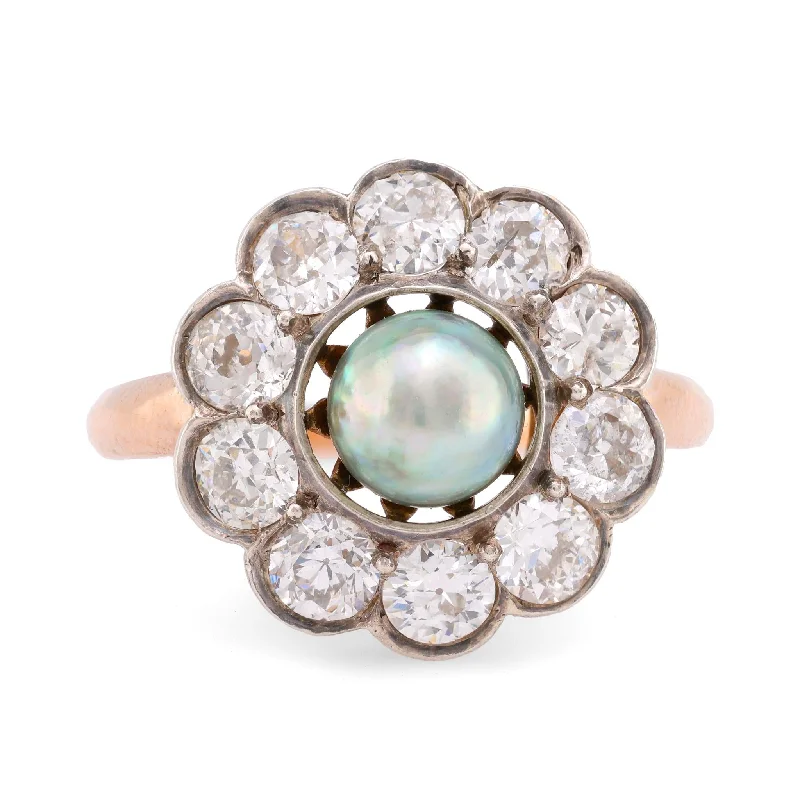 personalized rings for women -Edwardian Tahitian Pearl Diamond 14K Rose Gold Silver Cluster Ring