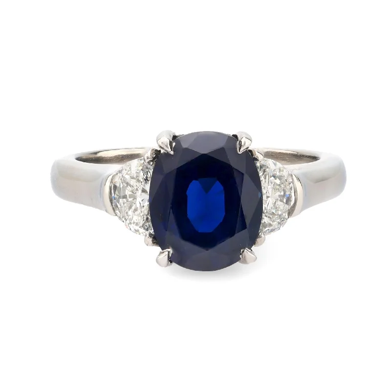 statement diamond rings -GIA 3.46 carat no heat sapphire diamond platinum three stone ring