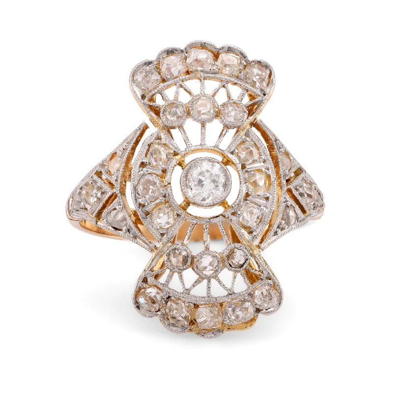 cocktail gemstone rings -Antique Diamond 18K Yellow and White Gold Filigree Ring