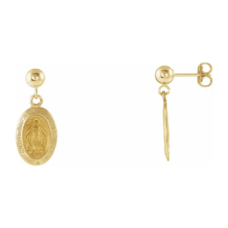 chic earrings for women -14K Yellow Gold Miraculous Medal Dangle Post Earrings, 9 x 21mm