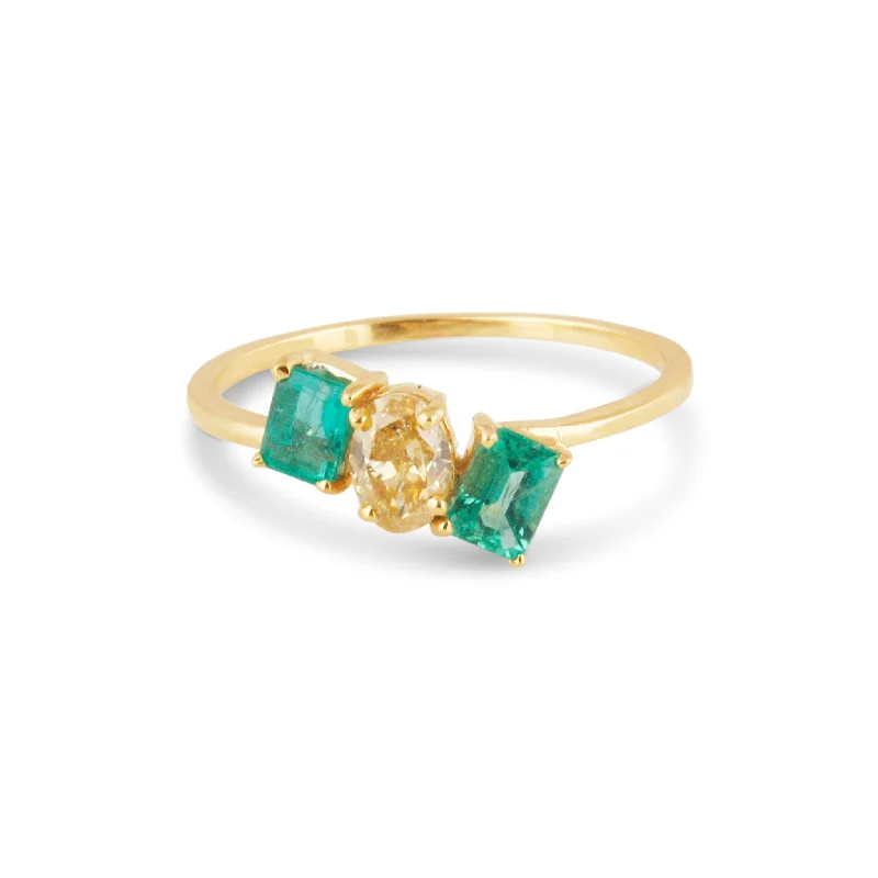 emerald rings for women -Emerald Rect & Diamond Oval Ring In 18K Yellow Gold