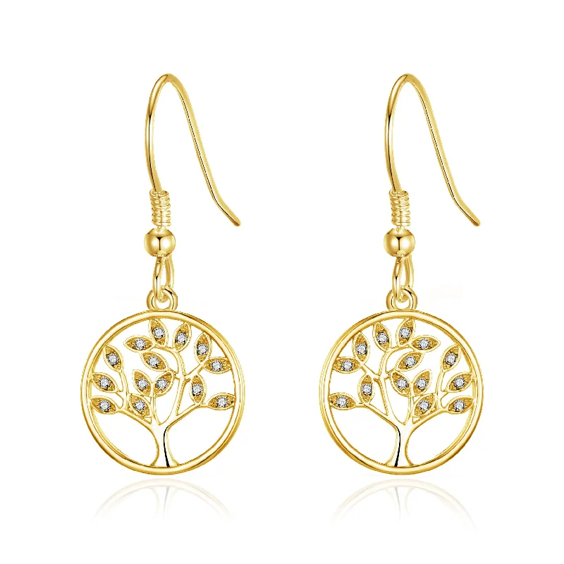 clip-on earrings for women -Gold Plated Tree of Life Drop Earrings Created with Crystals from Zircondia®