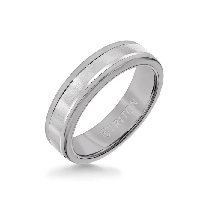 diamond rings for women -6MM Grey Tungsten Carbide Ring - Linear 14K White Gold Insert with Round Edge