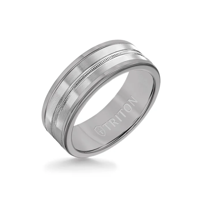 stackable rings for women -8MM Grey Tungsten Carbide Ring - Center Milgrain 14K White Gold Insert with Round Edge