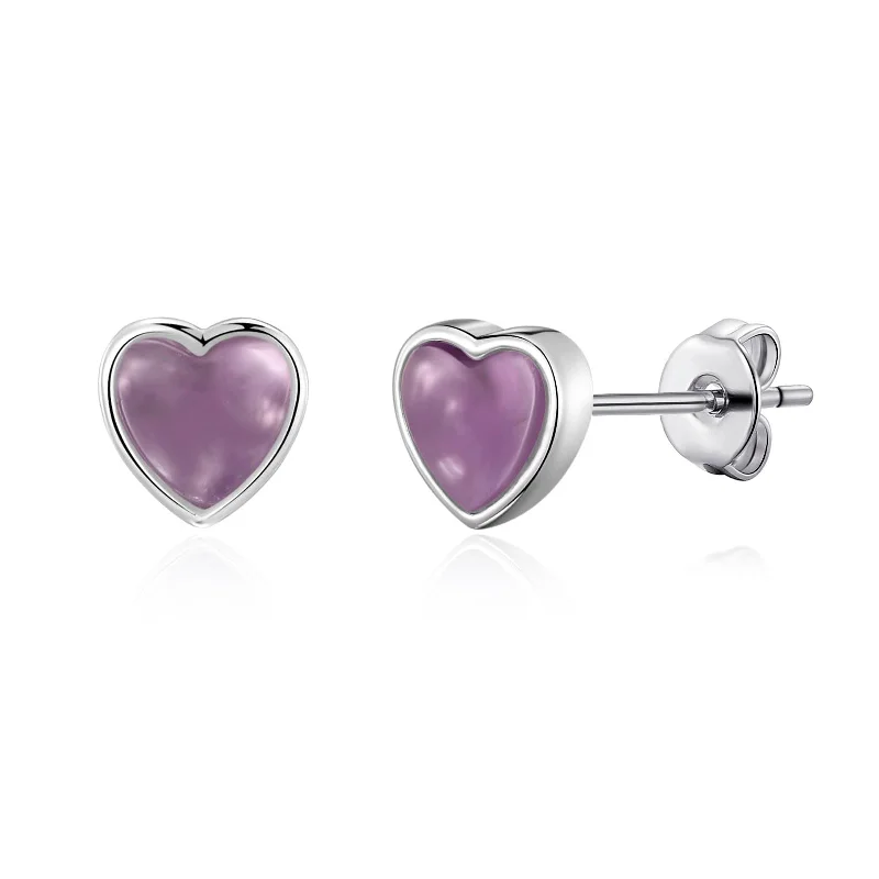 gold hoop earrings for women -Amethyst Heart Stud Earrings