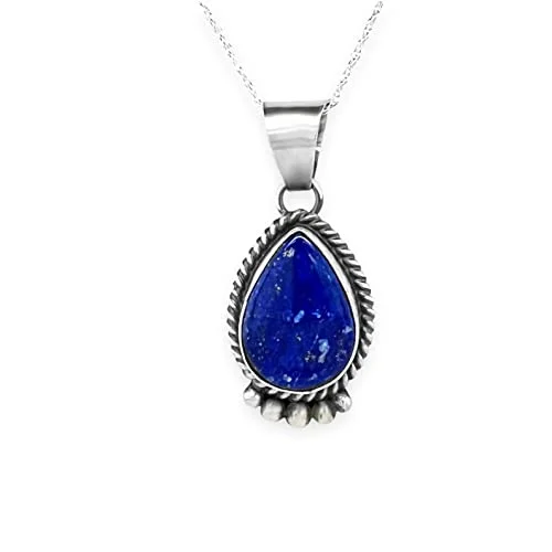 trendy choker necklaces for women -Genuine Lapis Lazuli Necklace, Sterling Silver, Pendant with Chain, Navajo Native American Handmade, Navy Blue