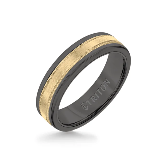 anniversary rings for women -6MM Black Tungsten Carbide Ring - Flat Milgrain 14K Yellow Gold Insert with Round Edge