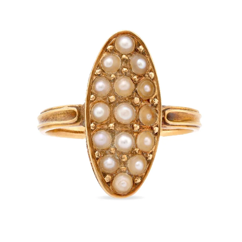 classic wedding rings for women -Victorian French seed pearl 18k yellow gold navette ring