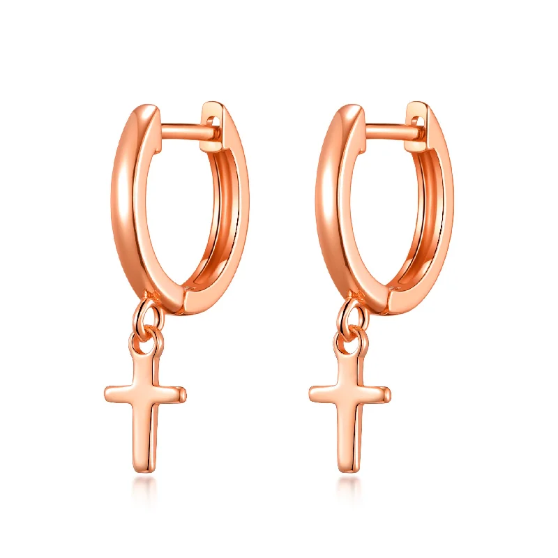 bold stud earrings for women -Rose Gold Plated Cross Charm Hoop Earrings