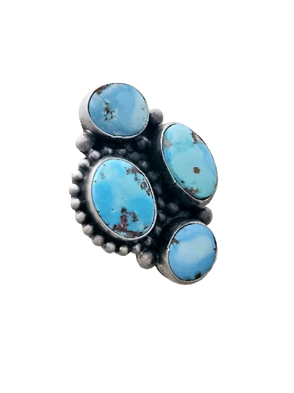 double band rings for women -Stamped Sterling Silver Golden Hills Turquoise 4 Stone Half Cluster Adjustable Ring