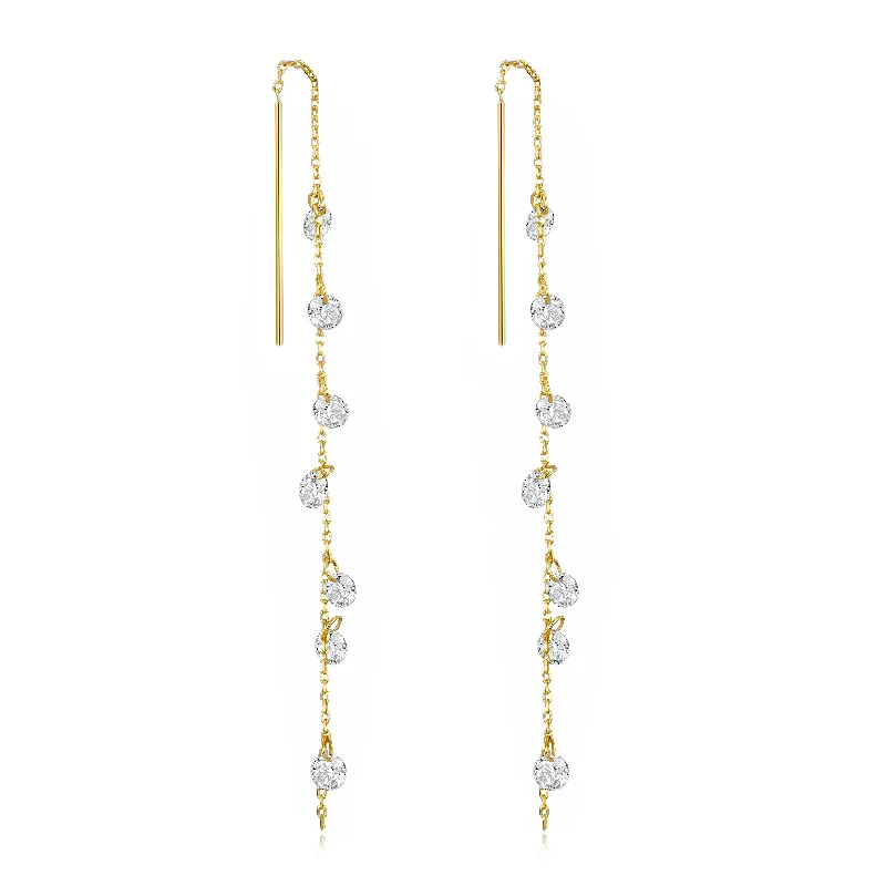 diamond earrings for women -Gold Plated Dangle Thread Earrings Created with Zircondia® Crystals