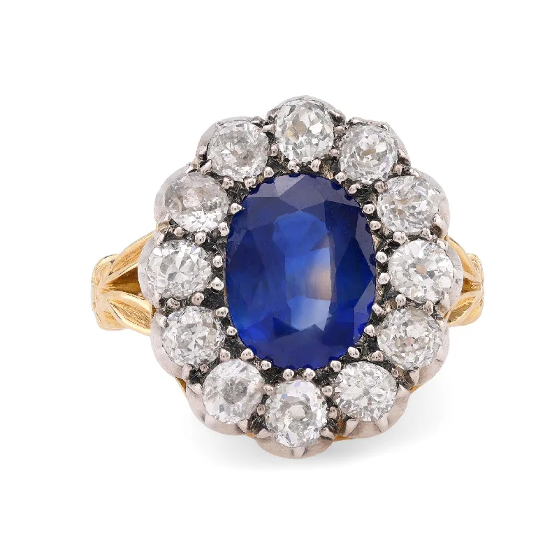 handmade rings for women -Antique French GIA 3.50 carat sapphire diamond 18k yellow gold silver ring