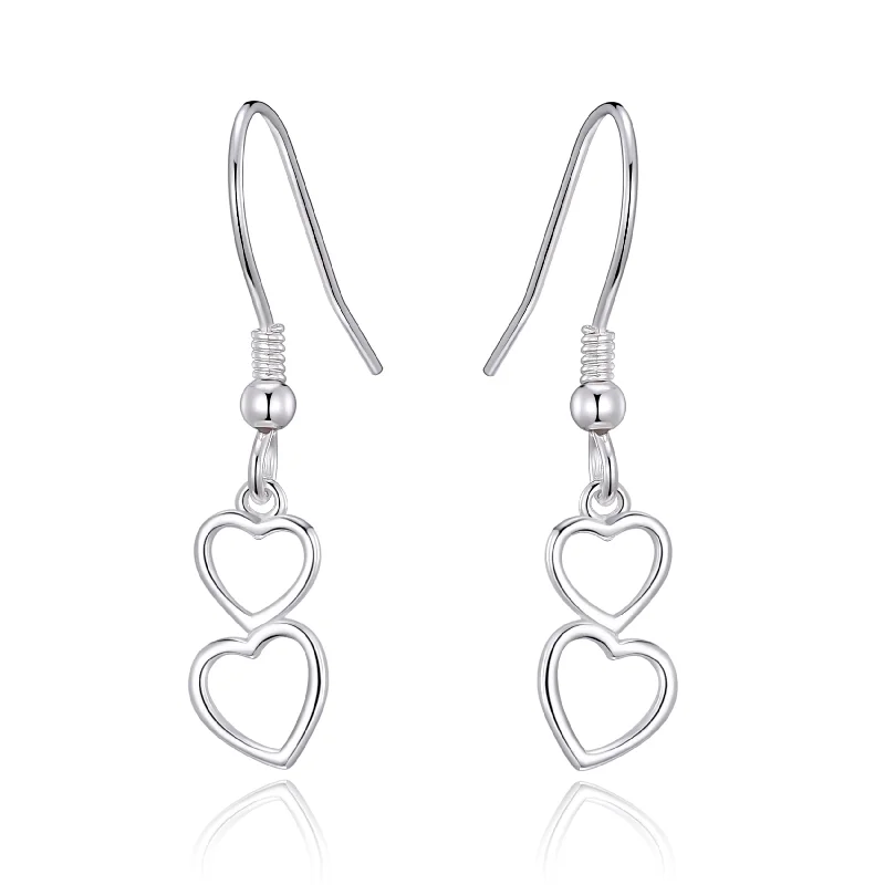 chic silver earrings for women -Sterling Silver Double Heart Drop Earrings